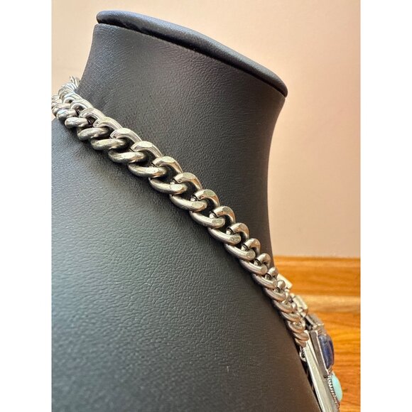 Chunky Silver-Tone Chain Necklace With Blue & Turquoise Geometric Accents - Picture 3 of 4